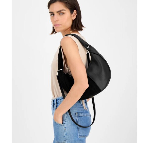 Macy's On 34th Harlowwe suede faux-leather top handle hobo crossbody bag -Black - Picture 9 of 11